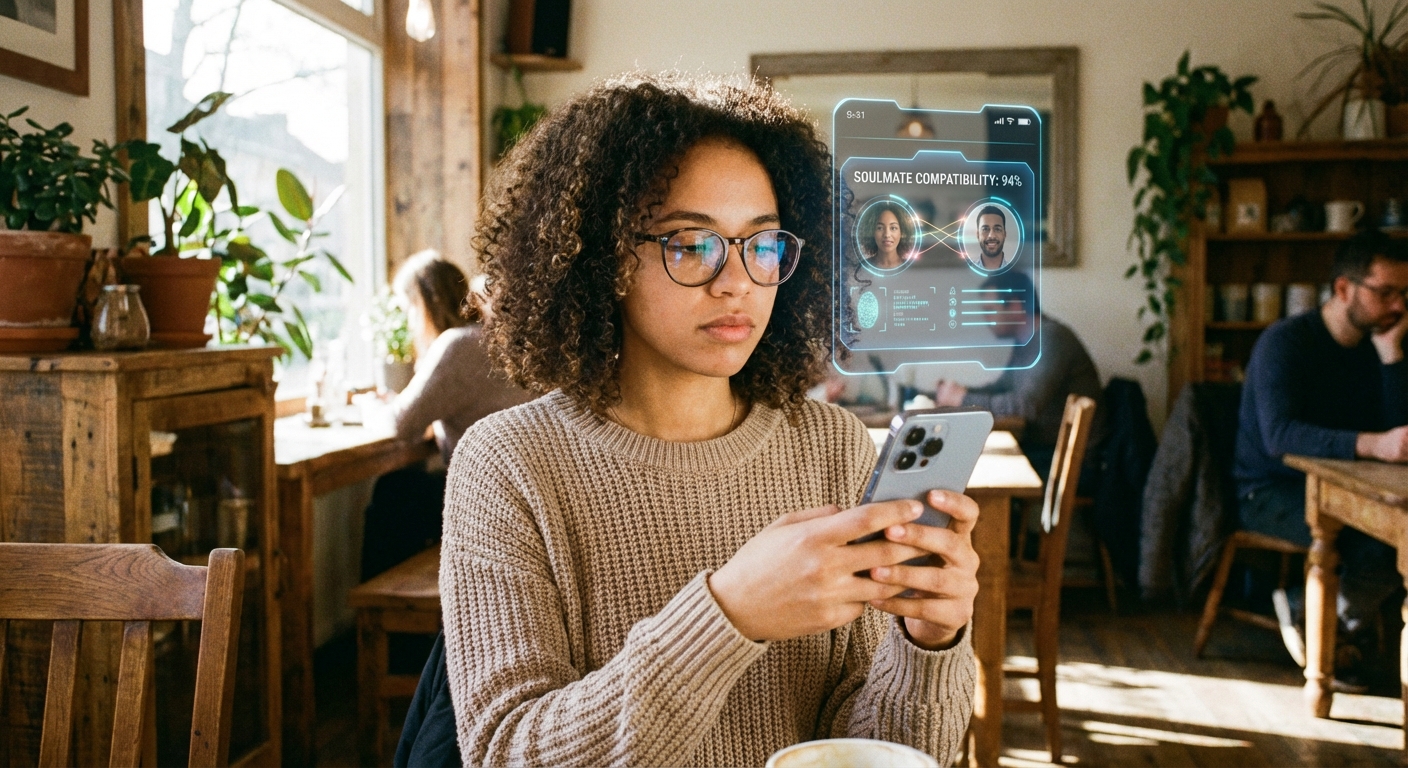 Person using a smartphone to analyze dating compatibility and AI metrics