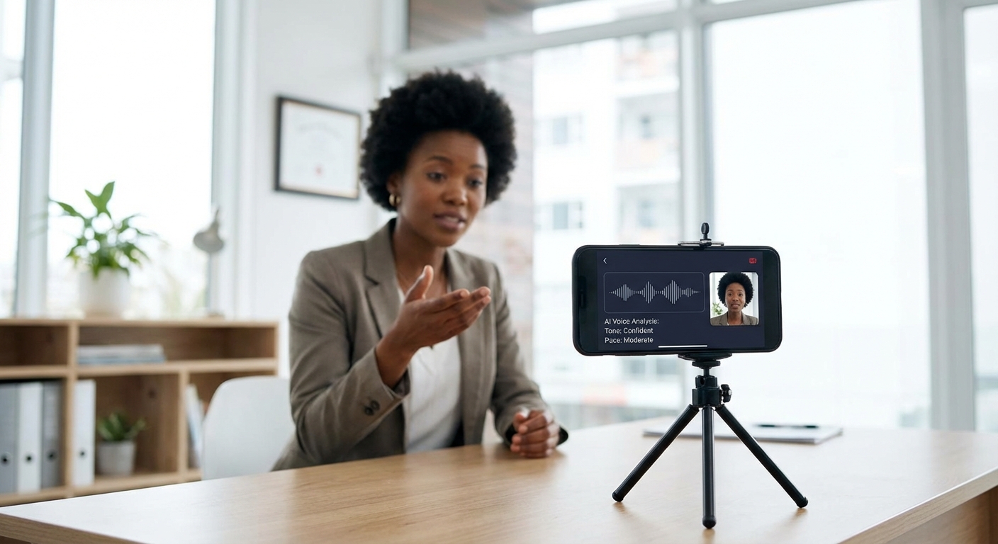 Professional using an AI app on their smartphone to practice a speech