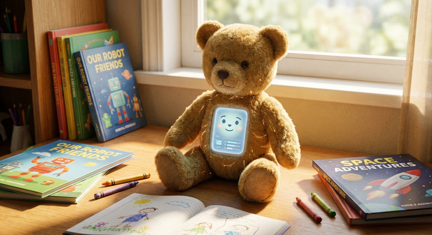 Teddy AI concept showing a friendly, tech-enabled teddy bear helping a child study